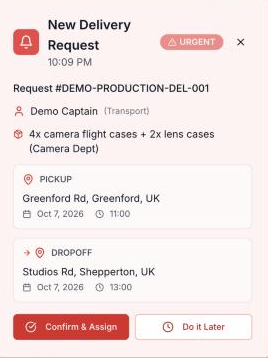 Urgent new delivery request: camera flight cases and lens cases from Greenford to Shepperton, with Confirm & Assign and Do it Later buttons