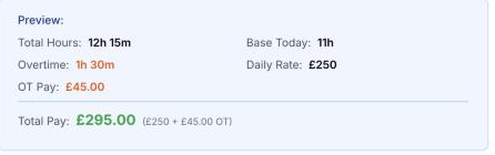 Timesheet preview: 12h 15m total, 11h base, 1h 30m overtime at £45, total pay £295 from a £250 day rate