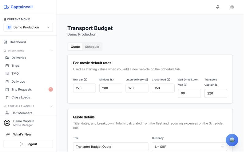 Transport budget page with default rates per vehicle type